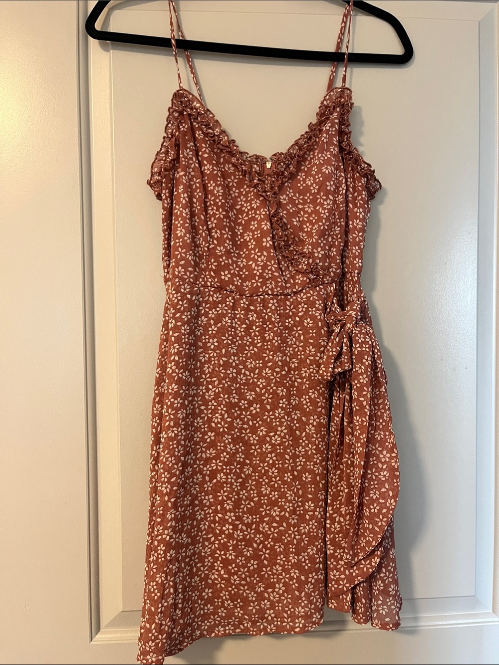 Trixxi Rusty Rose Floral Wrap Mini Dress with Ruffle Trim